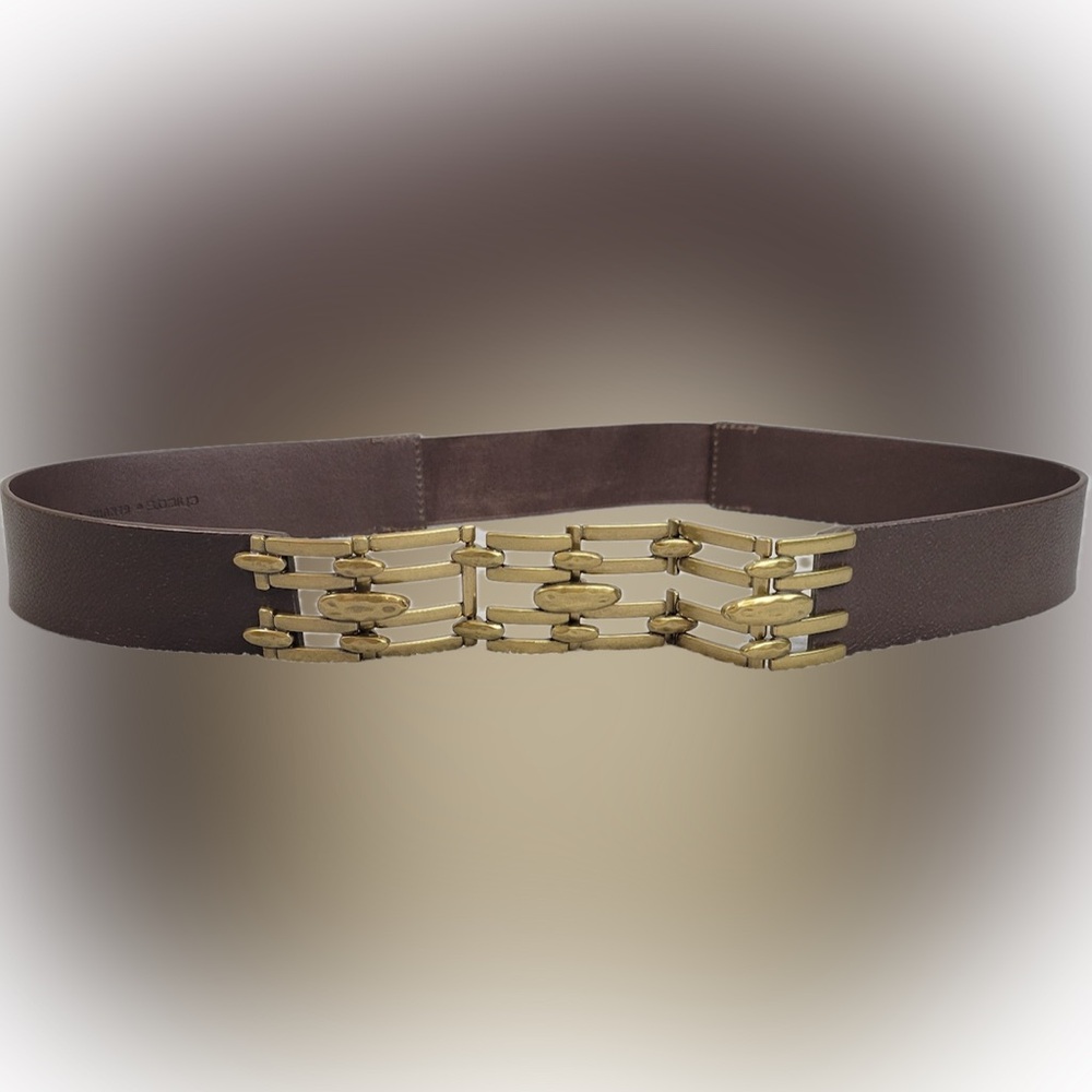 Chico’s Genuine Brown Leather Elastic Stretch Brass Buckle Belt size M